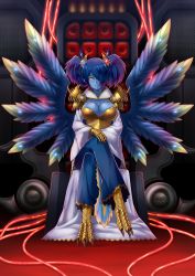 Rule 34 | 1girl, absurdres, armor, blue skin, breasts, butter-t, claws, cleavage, colored skin, commentary, crossed legs, demon, demon girl, english commentary, feathered wings, full body, gem, hair ornament, hair over one eye, hands on own knees, head tilt, highres, ignitrix, jewelry, khornette quest, large breasts, multicolored hair, multicolored wings, pants, pauldrons, photoshop (medium), robe, second-party source, short hair, shoulder armor, sitting, smile, solo, throne, twintails, tzeentch, warhammer 40k, wide sleeves, wings, yellow eyes