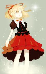 Rule 34 | 1girl, :o, bad id, bad pixiv id, blonde hair, bow, bowtie, dress shirt, glitter, grey background, hair ribbon, medicine melancholy, no nose, pale skin, puffy short sleeves, puffy sleeves, red skirt, ribbon, shirt, short hair, short sleeves, skirt, skirt set, sn2562, solo, sparkle, touhou, yellow eyes