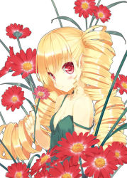 Rule 34 | 1girl, blonde hair, blush, breasts, cleavage, dress, drill hair, flower, long hair, looking at viewer, off shoulder, original, red eyes, small breasts, solo, strap slip, twin drills, twintails, ueda ryou, white background