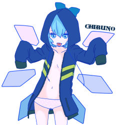 Rule 34 | 1girl, :p, blue eyes, blue hair, bottomless, cirno, coat, female focus, flat chest, hood, hooded jacket, hoodie, jacket, long sleeves, matching hair/eyes, naked coat, nyamomi, open clothes, open hoodie, panties, parka, sleeves past wrists, solo, tongue, tongue out, topless, touhou, underwear, wings