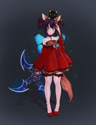 Rule 34 | 1girl, animal, animal ears, animal on head, arm up, bare shoulders, black hair, braid, butterfly wings, cat, cat on head, choker, detached sleeves, dog ears, dress, elin, green eyes, highres, horns, insect wings, long hair, on head, red dress, shoes, shuriken, strapless, strapless dress, tail, tera online, thighhighs, twin braids, twintails, weapon, white thighhighs, wings