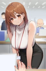 Rule 34 | 1girl, 3boys, absurdres, bare arms, black skirt, blush, breasts, brown eyes, brown hair, closed mouth, commentary request, earrings, hand blush, highres, id card, indoors, jewelry, lanyard, large breasts, looking at viewer, mole, mole under eye, multiple boys, office lady, original, pov, short hair, skirt, sleeveless, sleeveless sweater, smile, solo, sweater, turtleneck, turtleneck sweater, udon (udonalium), white sweater