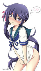 Rule 34 | 1girl, akebono (kancolle), bell, bottomless, commentary request, groin, hair ornament, jingle bell, kantai collection, long hair, looking at viewer, purple eyes, purple hair, school uniform, scowl, serafuku, shirt tug, side ponytail, solo, spoken blush, tamayan, tears