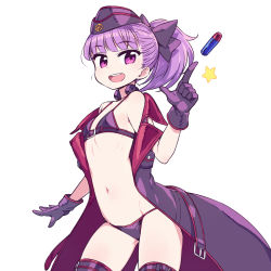 Rule 34 | 1girl, :d, bikini, bow, breasts, chan co, contrapposto, cowboy shot, fate/grand order, fate (series), garrison cap, gloves, gluteal fold, hair bow, hat, helena blavatsky (fate), helena blavatsky (swimsuit archer) (fate), helena blavatsky (swimsuit archer) (third ascension) (fate), index finger raised, navel, off shoulder, open mouth, ponytail, purple bikini, purple eyes, purple gloves, purple hair, purple thighhighs, simple background, small breasts, smile, solo, standing, star (symbol), swimsuit, thighhighs, white background