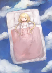 Rule 34 | 1girl, blanket, blonde hair, cloud, cloudy sky, comeco, commentary request, closed eyes, floating, futaba anzu, futon, highres, idolmaster, idolmaster cinderella girls, long hair, low twintails, lying, on back, open mouth, pillow, shirt, sky, sleeping, solo, surreal, twintails, under covers, white shirt