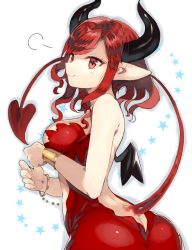 Rule 34 | 1girl, backless dress, backless outfit, bad id, bad pixiv id, blush, bracelet, closed mouth, demon horns, demon tail, dress, from side, hands up, helvetica rami, highres, horns, jewelry, original, red dress, red eyes, red hair, sidelocks, simple background, smile, solo, star (symbol), starry background, suminagashi, swept bangs, tail, wavy hair, white background