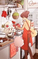 Rule 34 | 1girl, alcremie, alcremie (strawberry sweet), alternate color, animated, apron, blush, brown eyes, brown hair, chocolate, cooking, counter, creatures (company), feet out of frame, floating, from behind, game freak, gen 4 pokemon, gen 6 pokemon, gen 8 pokemon, hair bun, hanging plant, highres, indoors, kitchen, legendary pokemon, matching hair/eyes, mittens, mixing bowl, mythical pokemon, nintendo, oshiruko (oshiruko s2), plant, pokemon, potted plant, red apron, scissors, shaymin, shaymin (land), shiny pokemon, shirt, short hair, sidelocks, signature, smile, standing, striped clothes, striped shirt, swirlix, tile wall, tiles, towel, turtleneck, video, whisk, window