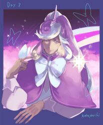 Rule 34 | 1boy, androgynous, bow, bowtie, bug, butterfly, cape, capelet, closed mouth, cookie run, cream unicorn cookie, english text, gloves, highres, humanization, insect, long hair, looking at viewer, male focus, multicolored hair, nekoyasiki33, night, night sky, personification, purple cape, purple capelet, purple eyes, rainbow hair, sky, solo, unicorn horn, very long hair, white gloves
