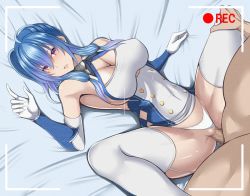 Rule 34 | 1boy, 1girl, azur lane, bed, bed sheet, blue hair, blur censor, breasts, censored, cleavage, clothed female nude male, clothing aside, elbow gloves, fat, fat man, gloves, hetero, kurokobokujo, large breasts, long hair, low twintails, lying, nude, open mouth, panties, panties aside, purple eyes, recording, sex, st. louis (azur lane), thighhighs, twintails, underwear, vaginal, white gloves, white panties, white thighhighs
