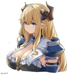 Rule 34 | 1girl, armor, blonde hair, blue eyes, breasts, cleavage, draph, granblue fantasy, hair between eyes, highres, horns, kichihachi, large breasts, long hair, looking at viewer, pointy ears, razia, solo, white background
