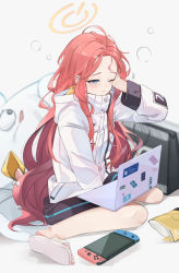 Rule 34 | 1girl, bag of chips, blue archive, blue eyes, computer, forehead, halo, handheld game console, highres, jacket, laptop, long hair, mimizuku (mmiganaru), nintendo switch, one eye closed, red hair, sandals, sitting, sleepy, slippers, solo, wariza, white background, white jacket, yuzu (blue archive)