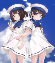 Rule 34 | 2girls, back-to-back, black hair, blue eyes, blue sailor collar, blue sky, brown eyes, cloud, cloudy sky, commentary request, daitou (kancolle), day, dress, feet out of frame, grin, hat, hiburi (kancolle), kantai collection, locked arms, looking at viewer, multiple girls, sailor collar, sailor dress, sailor hat, short hair, short sleeves, sky, smile, standing, v, white hat, yumesato makura