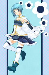 Rule 34 | 10s, belt, blue background, blue eyes, blue hair, blue theme, boots, cape, desireeu, detached sleeves, flower, frills, gloves, high heels, highres, looking at viewer, magical girl, mahou shoujo madoka magica, mahou shoujo madoka magica (anime), miki sayaka, miniskirt, shoes, short hair, skirt, smile, solo, thighhighs