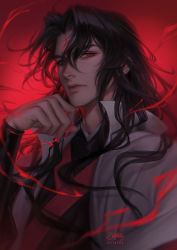 Rule 34 | 1boy, black hair, black nails, character request, check character, commentary, english commentary, eyelashes, facial mark, forehead mark, glowing, hand up, highres, hua cheng, lisa buijteweg, long hair, long sleeves, looking at viewer, luo binghe, male focus, nail polish, red eyes, renzha fanpai zijiu xitong, scum villain&#039;s self-saving system, tianguan cifu, upper body, wind