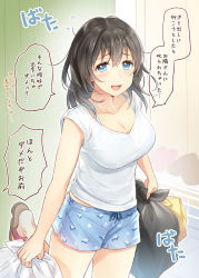Rule 34 | 1girl, bag, black hair, blue eyes, blue shorts, blush, breasts, brown footwear, cleavage, collarbone, commentary request, flying sweatdrops, hair between eyes, highres, holding, holding bag, long hair, looking at viewer, medium breasts, mono lith, open mouth, original, sandals, shirt, short shorts, short sleeves, shorts, solo, standing, standing on one leg, sweat, translation request, trash bag, white shirt