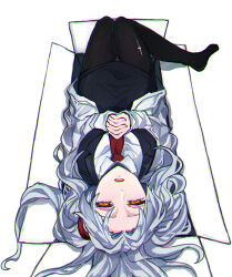 Rule 34 | 1girl, angela (project moon), black pantyhose, black vest, blue hair, box, collared shirt, half-closed eyes, in box, in container, lobotomy corporation, long hair, lying, on back, one side up, open mouth, own hands clasped, own hands together, pantyhose, project moon, shirt, simple background, solo, very long hair, vest, white background, white shirt, yellow eyes, yono neie