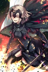 Rule 34 | 1girl, ahoge, armor, armored dress, breasts, cape, chain, dress, evil grin, evil smile, fate/grand order, fate (series), flag, fur-trimmed cape, fur trim, gauntlets, grey hair, grin, headpiece, holding, holding flag, holding sword, holding weapon, jeanne d&#039;arc (fate), jeanne d&#039;arc alter (avenger) (fate), jeanne d&#039;arc alter (fate), long hair, looking at viewer, medium breasts, shimotsuki shio, smile, solo, sword, weapon, yellow eyes