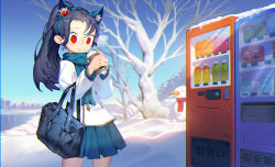 Rule 34 | 1girl, animal ears, bag, bare tree, black hair, blue scarf, blue sky, bottle, box, breath, building, can, canned coffee, carrot, coat, coffee, coffee cup, cowboy shot, cup, day, disposable cup, drink can, fake animal ears, guodu jiang, hairband, holding, holding cup, ice, long hair, long sleeves, looking at viewer, original, outdoors, package, plant, pleated skirt, ponytail, red eyes, red scarf, scarf, school bag, school uniform, skirt, sky, smile, snow, snowman, solo, standing, tree, vending machine, water