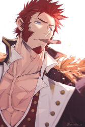 Rule 34 | 1boy, alternate facial hair, bara, blue eyes, brown hair, cigar, columns ke, cross scar, epaulettes, facial hair, fate/grand order, fate (series), fringe trim, goatee, highres, jacket, leather, leather jacket, long sideburns, long sleeves, looking at another, military, military uniform, muscular, muscular male, napoleon bonaparte (fate), open clothes, open jacket, open shirt, partially unbuttoned, pectoral cleavage, pectorals, scar, scar on chest, short hair, sideburns, solo, uniform, upper body, wind