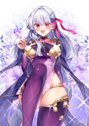 Rule 34 | 1girl, :d, absurdres, armlet, armor, bare shoulders, bikini armor, blush, bracelet, breasts, bug, butterfly, butterfly on hand, circlet, collar, detached sleeves, dress, earrings, fate/grand order, fate (series), floral print, flower, grey hair, hair ornament, hair ribbon, hairclip, highres, index finger raised, insect, jewelry, kama (fate), kama (second ascension) (fate), large breasts, long hair, looking at viewer, metal collar, misaki346, narrow waist, open mouth, pelvic curtain, purple dress, purple sleeves, purple thighhighs, red eyes, ribbon, ring, shorts, side slit, side slit shorts, smile, solo, sparkle, thighhighs, thighlet, thighs, wide hips