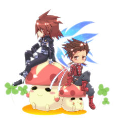 Rule 34 | 00s, 2boys, boots, brown eyes, brown hair, cape, chibi, clover, four-leaf clover, full body, gloves, knee boots, kratos aurion, lloyd irving, male focus, matsumoto hakuya, multiple boys, mushroom, pants, red hair, red shirt, shirt, sitting, spiked hair, tales of (series), tales of symphonia