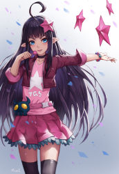 Rule 34 | 1girl, :p, ahoge, aotu world, artist name, bell, black choker, black hair, black thighhighs, blue eyes, blunt bangs, blush, bracelet, breast pocket, candy, choker, clothes writing, collarbone, cowboy shot, cropped jacket, food, gradient background, grey background, hair ornament, highres, holding, holding food, jacket, jewelry, kaili (aotu world), lollipop, long hair, mool yueguang, open clothes, open jacket, outstretched arm, parted lips, petals, pink hair, pink shirt, pink skirt, pleated skirt, pocket, purple jacket, shirt, skirt, skull, sleeves past elbows, sleeves pushed up, smile, solo, standing, star (symbol), star hair ornament, star print, straight hair, thighhighs, tongue, tongue out, v-shaped eyebrows, zettai ryouiki