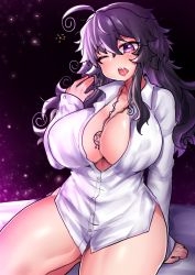 Rule 34 | 1girl, ahoge, blush, breasts, cleavage, collarbone, curvy, hexagram, highres, jewelry, large breasts, long hair, looking at viewer, messy hair, necklace, nyarla (osiimi), one eye closed, open clothes, open mouth, open shirt, original, osiimi, plump, purple eyes, purple hair, sitting, star of david, thick thighs, thighs, waking up