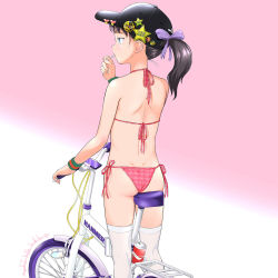 Rule 34 | 1girl, ass, badge, bare shoulders, baseball cap, bicycle, bikini, black hair, black hat, bow, button badge, can, commentary request, feet out of frame, from behind, gradient background, green eyes, hair bow, halterneck, hand up, hat, heart, highres, long hair, looking away, mayafufu, original, pink background, plaid, plaid bow, polka dot, polka dot bikini, ponytail, purple bow, red bikini, side-tie bikini bottom, solo, standing, star (symbol), sweatband, swimsuit, thighhighs, white background, white thighhighs, wristband