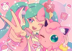 Rule 34 | 1girl, ;d, collared shirt, colored eyelashes, commentary request, creatures (company), eyelashes, fairy miku (project voltage), flower, game freak, gen 1 pokemon, green hair, hair flower, hair ornament, hatsune miku, highres, holding, holding pokemon, jigglypuff, multicolored hair, nail polish, nintendo, one eye closed, open mouth, osaki makura, pink nails, pink sweater, pokemon, pokemon (creature), project voltage, red flower, shirt, smile, sweater, twintails, v, vocaloid, white shirt