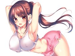 Rule 34 | 1girl, ahoge, armpits, arms up, blush, breasts, brown eyes, brown hair, collarbone, covered erect nipples, large breasts, long hair, looking at viewer, navel, open mouth, original, ponytail, short shorts, shorts, simple background, smile, solo, sorai shin&#039;ya, tank top, white background
