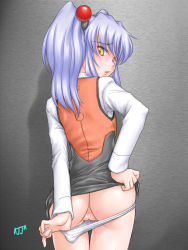 Rule 34 | 1girl, ^jj^, ass, bar censor, blue eyes, blue hair, blush, censored, from behind, highres, hoshino ruri, kidou senkan nadesico, long hair, looking back, matching hair/eyes, open mouth, panties, panty pull, pencil skirt, pussy, pussy juice, pussy juice on panties, pussy juice trail, skirt, solo, twintails, underwear, wet, wet clothes, wet panties, yellow eyes