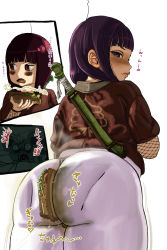 Rule 34 | 1girl, ass, comic, fang, female focus, food, highres, huge ass, looking back, mouse (animal), mugen no ossan, original, purple hair, sandwich, solo, stain, sweat, sword, weapon, white background