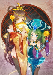 Rule 34 | 2girls, arta, bare shoulders, blue eyes, brown eyes, brown hair, chinese clothes, da qiao &amp; xiao qiao, hand fan, green hair, hair ornament, long hair, multiple girls, puzzle &amp; dragons, skirt, thighhighs, twintails