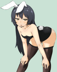 Rule 34 | 1girl, animal ears, ass, bare shoulders, bent over, black hair, black leotard, blush, breasts, cleavage, fake animal ears, fake tail, fishnet thighhighs, fishnets, girls und panzer, green background, leotard, long hair, looking at viewer, ngc20701, open mouth, playboy bunny, rabbit ears, rabbit tail, reizei mako, simple background, small breasts, solo, tail, thighhighs, yellow eyes
