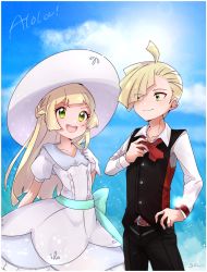 Rule 34 | 1boy, 1girl, absurdres, bad id, bad twitter id, belt, black vest, blonde hair, blue sky, bow, bowtie, brother and sister, closed mouth, cloud, creatures (company), day, dress, eyes visible through hair, g y k, game freak, gladion (pokemon), green eyes, hair over one eye, hat, highres, lillie (pokemon), long hair, long sleeves, nintendo, open mouth, pokemon, pokemon (anime), pokemon sm146, pokemon sm (anime), short hair, short sleeves, siblings, sky, sun hat, vest, white dress, white headwear