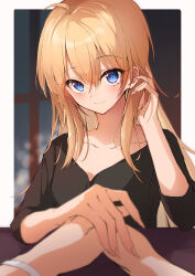 Rule 34 | 2girls, absurdres, black shirt, blonde hair, blue eyes, blurry, blurry background, bracelet, collarbone, female pov, framed, hair between eyes, hand in own hair, highres, holding hands, jewelry, kootee-on, long hair, looking at viewer, multiple girls, new game!, pov, shirt, smile, tooyama rin, yagami kou