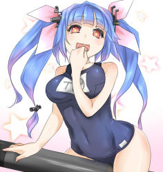 Rule 34 | 10s, 1girl, :d, ajino (sakanahen), blue hair, blue one-piece swimsuit, breasts, covered navel, hair ornament, hair ribbon, hand to own mouth, i-19 (kancolle), kantai collection, large breasts, long hair, looking at viewer, name tag, one-piece swimsuit, open mouth, red eyes, ribbon, school swimsuit, smile, solo, star-shaped pupils, star (symbol), starry background, swimsuit, symbol-shaped pupils, torpedo, twintails