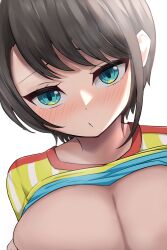 Rule 34 | 1girl, aqua eyes, blush, breasts, breasts out, brown hair, cleavage, clothes lift, collarbone, hashira 14, highres, hololive, large breasts, looking at viewer, naughty face, oozora subaru, portrait, puckered lips, shirt, shirt lift, short hair, short sleeves, simple background, striped clothes, striped shirt, swept bangs, tsurime, upper body, vertical-striped clothes, vertical-striped shirt, virtual youtuber, white background