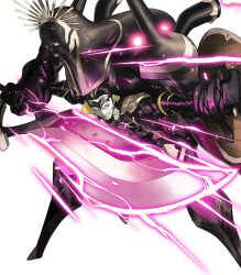 Rule 34 | 1boy, attack, black bodysuit, black cloak, black hair, blonde hair, bodysuit, clenched teeth, cloak, crown, fafnir (fire emblem), fire emblem, fire emblem heroes, glowing, glowing weapon, hair slicked back, highres, holding, holding polearm, holding shield, holding weapon, king, lightning, mecha, multicolored hair, nintendo, non-web source, official art, polearm, robot, shield, solo, streaked hair, teeth, weapon