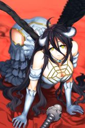 Rule 34 | 1girl, absurdres, ahoge, albedo (overlord), all fours, artist request, ass, bad id, bad pixiv id, bare shoulders, black hair, black wings, blurry, breasts, cleavage, demon girl, demon horns, depth of field, gloves, harumaki haruki, highres, horns, large breasts, long hair, looking at viewer, low wings, overlord (maruyama), red background, solo, wings, yellow eyes