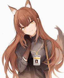 Rule 34 | 1girl, absurdres, animal ears, arknights, black gloves, brown hair, fox ears, fox girl, fox tail, franka (arknights), gloves, grey shirt, gupipy, head tilt, highres, id card, lanyard, long hair, looking at viewer, shirt, simple background, sleeves past elbows, smile, solo, tail, upper body, very long hair, white background, yellow eyes