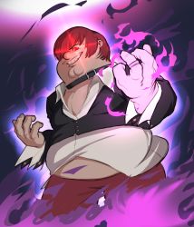 Rule 34 | 1boy, absurdres, animification, cosplay, family guy, fire, glowing, glowing eyes, grin, highres, jewelry, kowai (iamkowai), one eye covered, peter griffin, purple fire, pyrokinesis, red eyes, red hair, ring, smile, the king of fighters, yagami iori, yagami iori (cosplay)