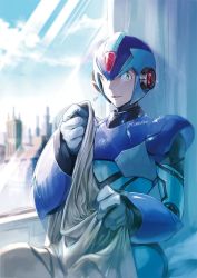 Rule 34 | 1boy, android, bad id, bad twitter id, city, cityscape, cloud, gloves, green eyes, helmet, holding, kusuribe, looking at viewer, male focus, mega man (series), x (mega man), mega man x (series), sitting, sky, smile, solo, white gloves, window
