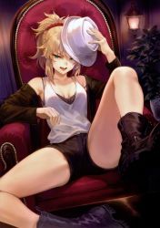 Rule 34 | 1girl, absurdres, bare shoulders, blonde hair, boots, braid, breasts, chair, collarbone, fate/apocrypha, fate/grand order, fate (series), green eyes, hair ornament, hair scrunchie, hat, highres, holding, jacket, long hair, looking at viewer, mashuu (neko no oyashiro), mordred (fate), mordred (fate/apocrypha), off shoulder, open clothes, open mouth, scan, scrunchie, shorts, simple background, small breasts, solo, spread legs, white hat