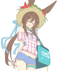 Rule 34 | 1girl, :d, amiya (arknights), arknights, bag, blue ribbon, blue shorts, blush, brown hair, brown hat, closed eyes, cowboy shot, cropped legs, duffel bag, ears through headwear, flower, hair between eyes, hat, hat flower, holding, holding bag, jewelry, long hair, multiple rings, neck ring, official alternate costume, open mouth, ponytail, rabbit girl, red flower, ribbon, ring, satou kibi, short shorts, shorts, shoulder bag, simple background, smile, solo, straw hat, sun hat, thighlet, thumb ring, very long hair, white background