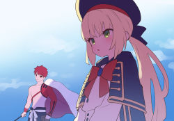 Rule 34 | 1boy, 1girl, artoria caster (fate), artoria caster (second ascension) (fate), artoria pendragon (fate), belt, beret, blonde hair, blue belt, blue cape, blue headwear, blue sky, blush, breasts, buttons, cape, double-breasted, fate/grand order, fate (series), green eyes, hat, katana, long hair, long sleeves, looking at viewer, multicolored cape, multicolored clothes, o-ring, o-ring belt, orange hair, petals, senji muramasa (fate), short hair, single bare shoulder, sky, small breasts, striped belt, sword, weapon, white cape, zenshin