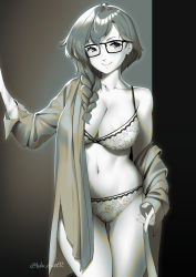 Rule 34 | 1girl, asymmetrical hair, bra, braid, breasts, collarbone, commentary, commission, contrapposto, cowboy shot, english commentary, french braid, glasses, greyscale, hair over shoulder, highres, large breasts, long hair, long sleeves, looking at viewer, lulu-chan92, monochrome, navel, off shoulder, open clothes, open robe, original, panties, pink lips, robe, seductive smile, single bare shoulder, smile, solo, spot color, stomach, thighs, twitter username, underwear