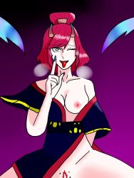 Rule 34 | 1girl, bare shoulders, blood moon evelynn, breasts, breasts out, collarbone, demon horns, duteu, evelynn (league of legends), green eyes, highres, horns, large breasts, league of legends, nail polish, open mouth, red hair, short hair, single horn, tongue