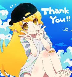 Rule 34 | 1girl, :3, alternate costume, backwards hat, bandaid, bandaid on knee, bandaid on leg, barefoot, baseball cap, black hat, blonde hair, blue sky, blush stickers, bottomless, closed mouth, cloud, commentary, commentary request, day, double v, english commentary, english text, feet, grey shirt, hands up, hat, long hair, looking at viewer, mashimaro tabetai, mixed-language commentary, monogatari (series), nail polish, notice lines, oshino shinobu, pink nails, shiny skin, shirt, sitting, sky, solo, thank you, toes, v, yellow eyes