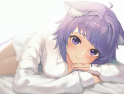 1girl absurdres ahoge animal_ear_fluff animal_ears ayama_nano bed_sheet blush breasts cat_ears closed_mouth commentary_request highres hololive large_breasts long_sleeves looking_at_viewer lying nekomata_okayu nekomata_okayu_(oversized_shirt) on_bed on_side purple_eyes purple_hair shirt short_hair simple_background sleeves_past_wrists smile solo virtual_youtuber white_background white_shirt